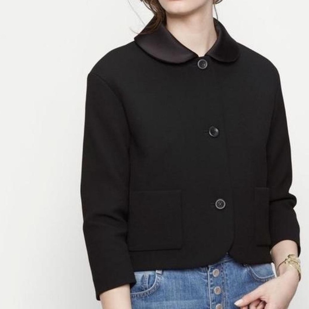 Maje Black Cropped Button Blazer with Satin Collar